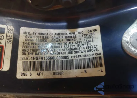 2006 Honda Civic Lx from USA, damaged, VIN 1HGFA15566L090085